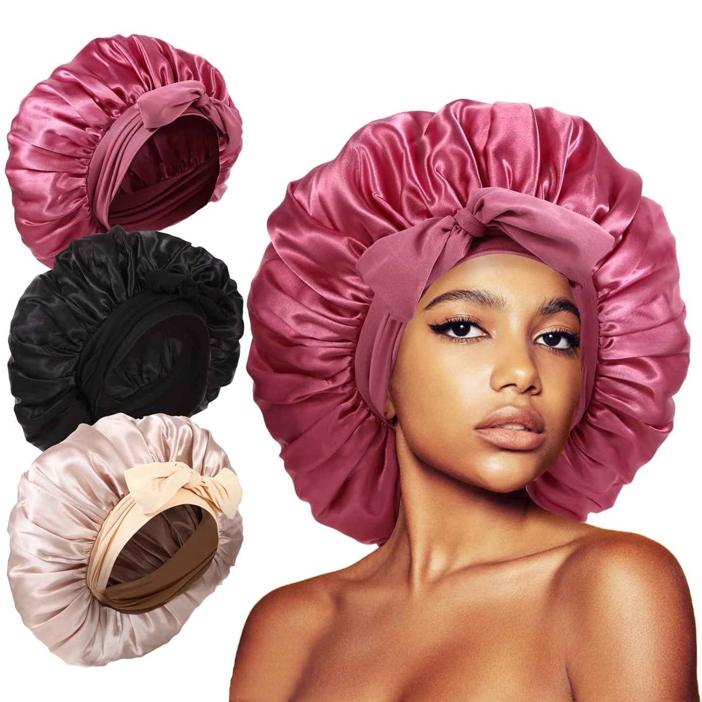 Luxurious 3-Piece Satin Silk Sleep Bonnets for Women - Ideal for Curly Hair & Braids with Adjustable Tie Band