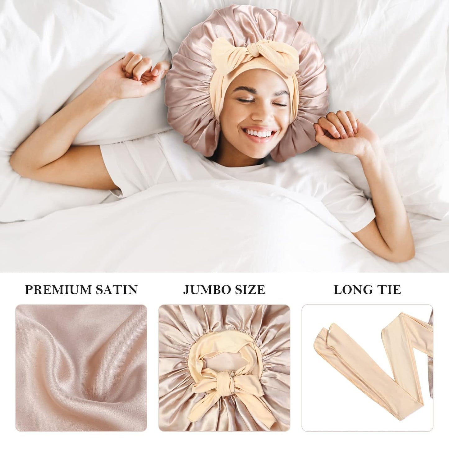 Luxurious 3-Piece Satin Silk Sleep Bonnets for Women - Ideal for Curly Hair & Braids with Adjustable Tie Band